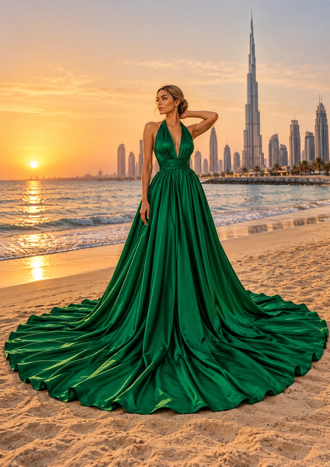 Model wearing the Emerald Luxe green flying dress in Dubai
