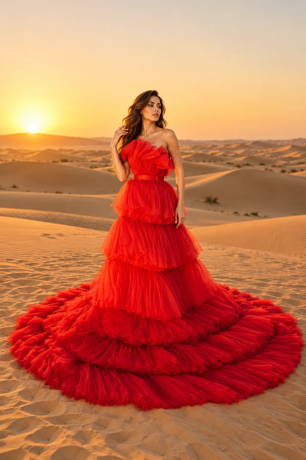 Model wearing the Scarlet Tulle red dress during a Dubai desert photoshoot